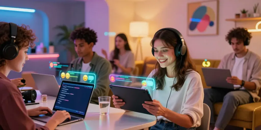 Engaging spicy AI chat scene with diverse users interacting with holographic interfaces, showcasing modern technology.