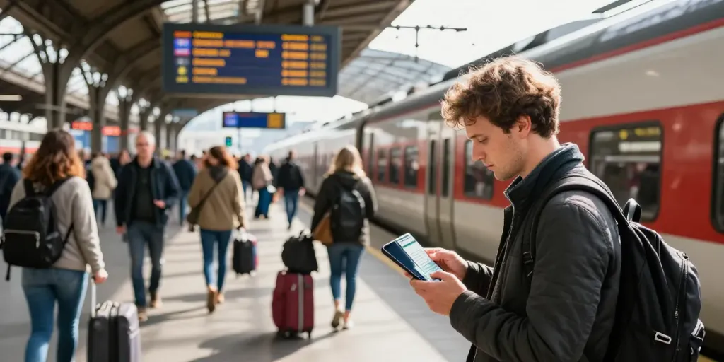 Person mit erstattbaren Zugtickets am Bahnhof in Deutschland, umgeben von Reisenden und Koffern.
