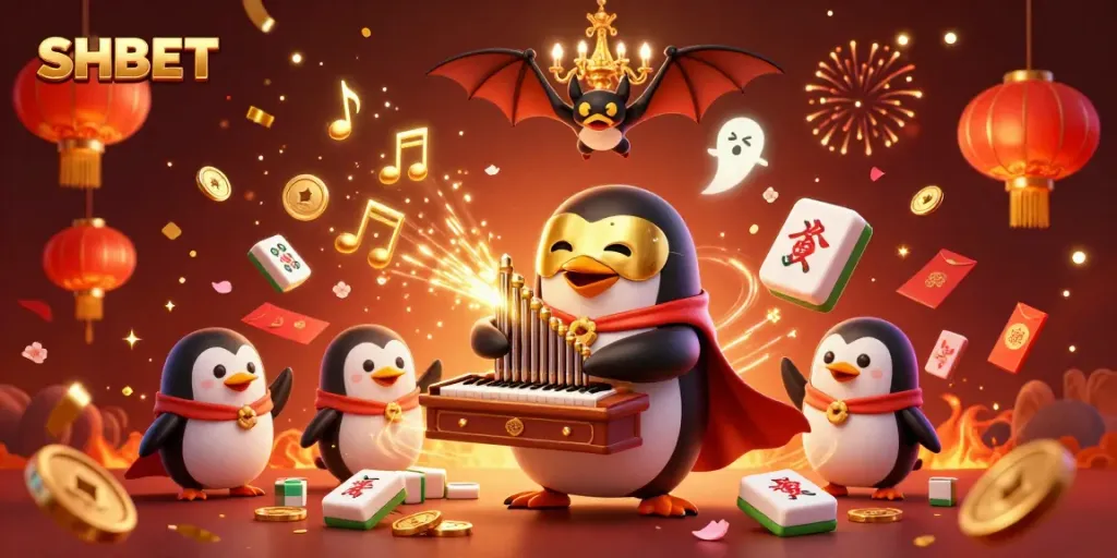 Experience the excitement of SHBET casino with vibrant 3D penguin playing organ, golden coins, and festive elements.