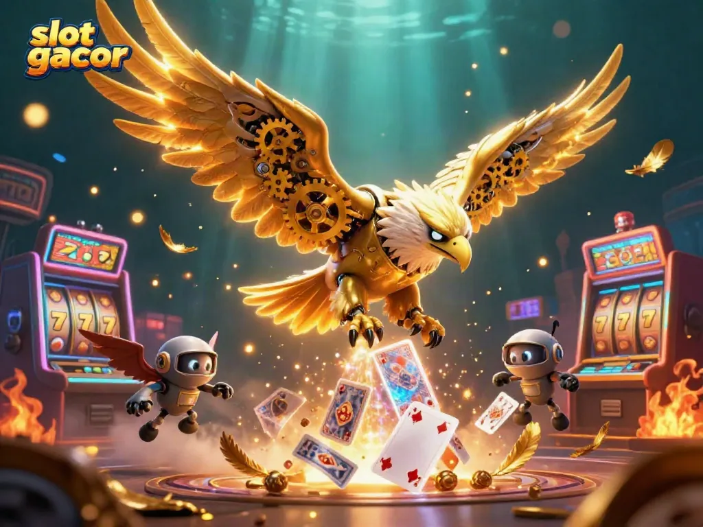 Experience the thrill of slot gacor with a dynamic 3D illustration featuring a golden eagle amidst holographic cards and slot machines.