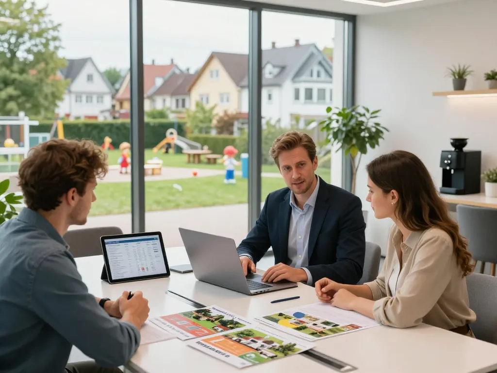 Immobilienmakler Frankfurt Preungesheim hilft Kunden bei Immobilienentscheidungen in einem modernen Büro.