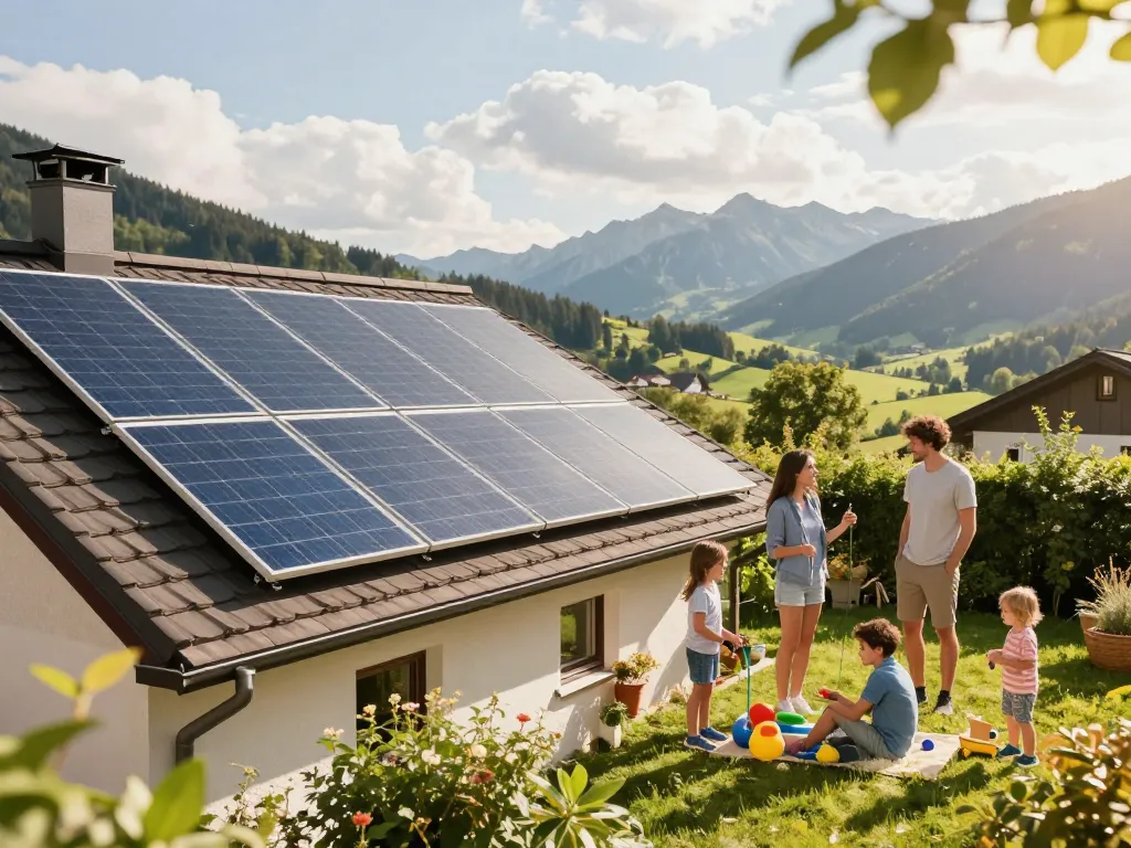 Photovoltaik Bayern Solarpanel-Installation auf einem bayerischen Zuhause mit einer Familie, die einen sonnigen Tag genießt.