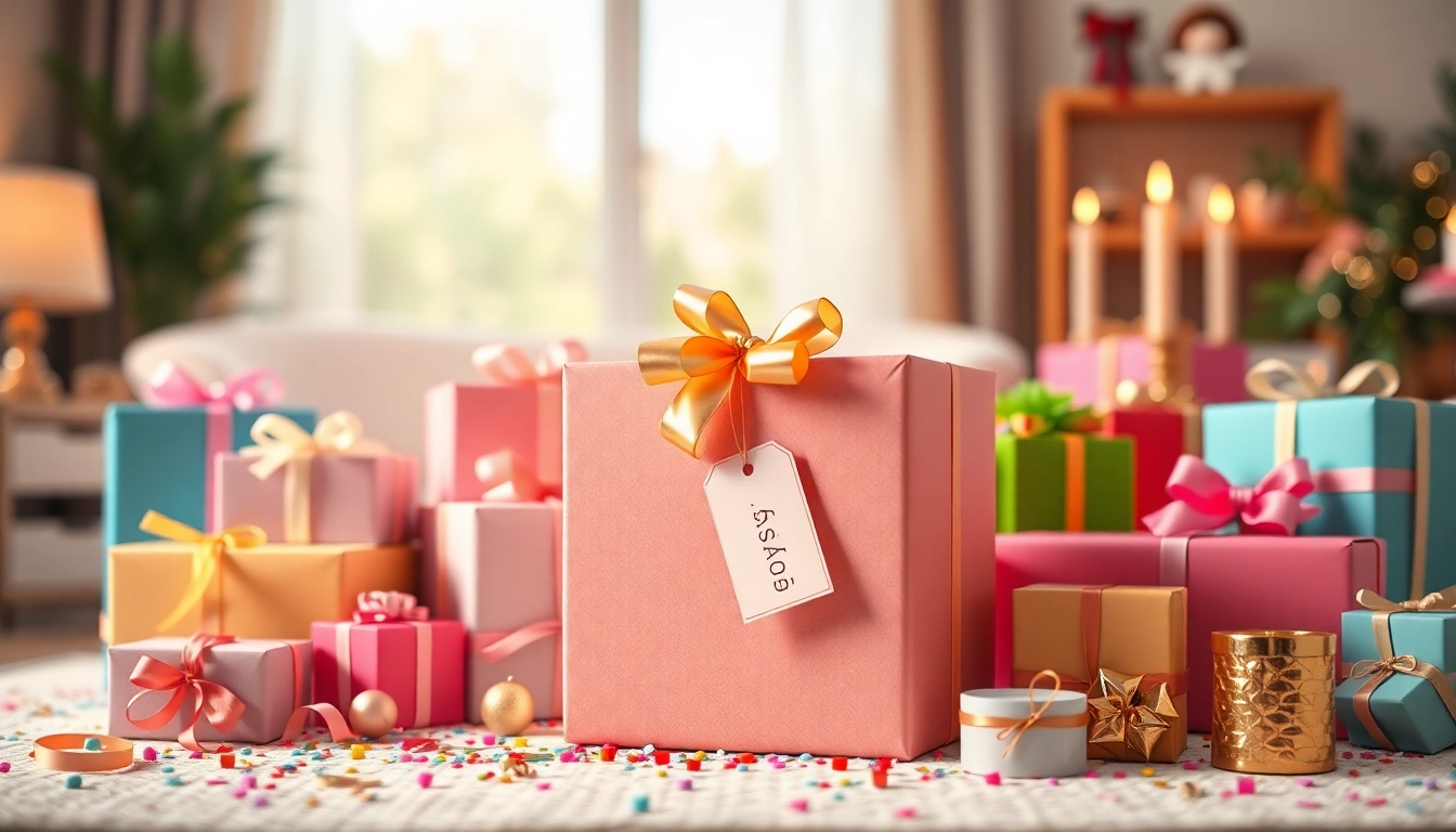 Das perfekte Geschenk in schöner Präsentation mit bunten Geschenkboxen und elegantem Papier.