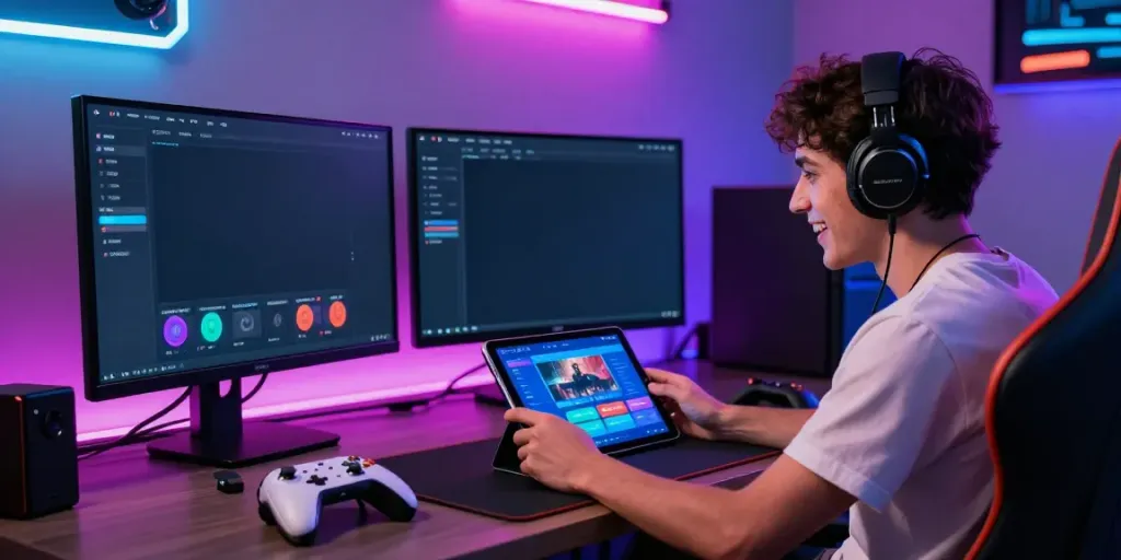 Engaged player enjoying da88 gaming experience on tablet in a modern setup