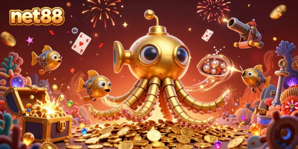 Experience winning at net88 with a fantasy underwater treasure casino scene featuring a golden kraken and mechanical fish.