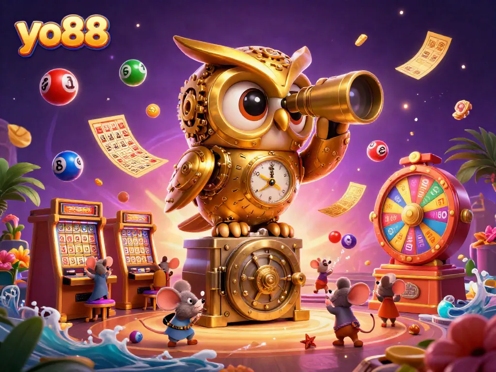 Experience thrilling gaming at yo88 with vibrant lottery balls and a whimsical golden owl.