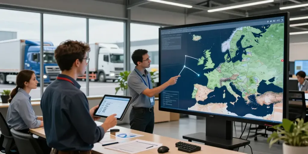 OCARGO Spedition in Bielefeld: Logistikteam bei der Transportplanung in modernem Büro.