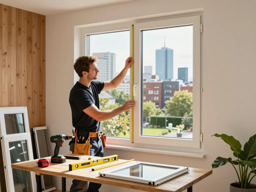 Professioneller Fensterinstallateur führt Fensterbau Düsseldorf mit energieeffizienten Fenstern in einem modernen Zuhause durch
