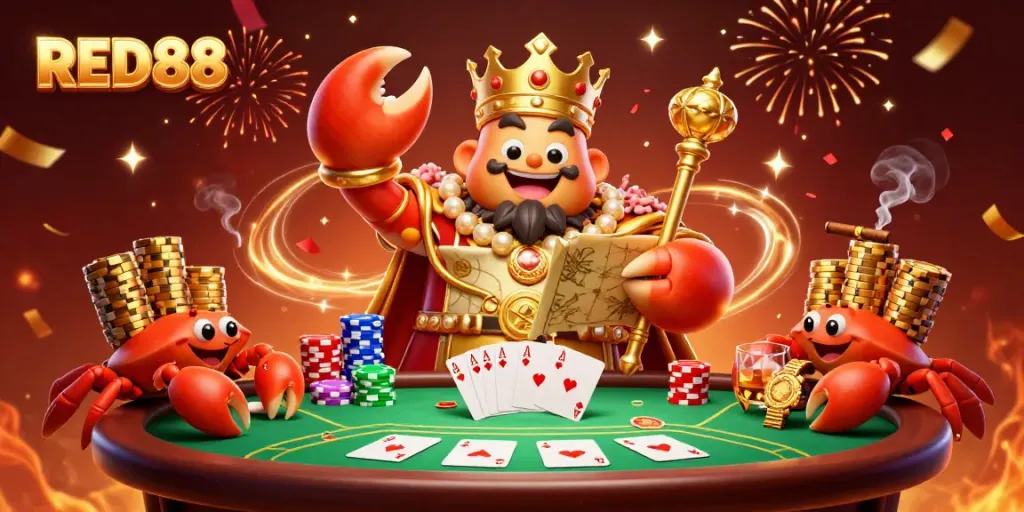 Experience the excitement of RED88 with a golden crab emperor and vibrant casino elements.
