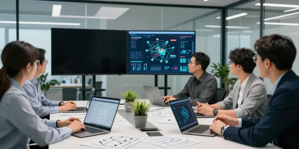 IT-Sicherheitsfirma in modernem Büro, Team diskutiert Sicherheitsstrategien um Konferenztisch.