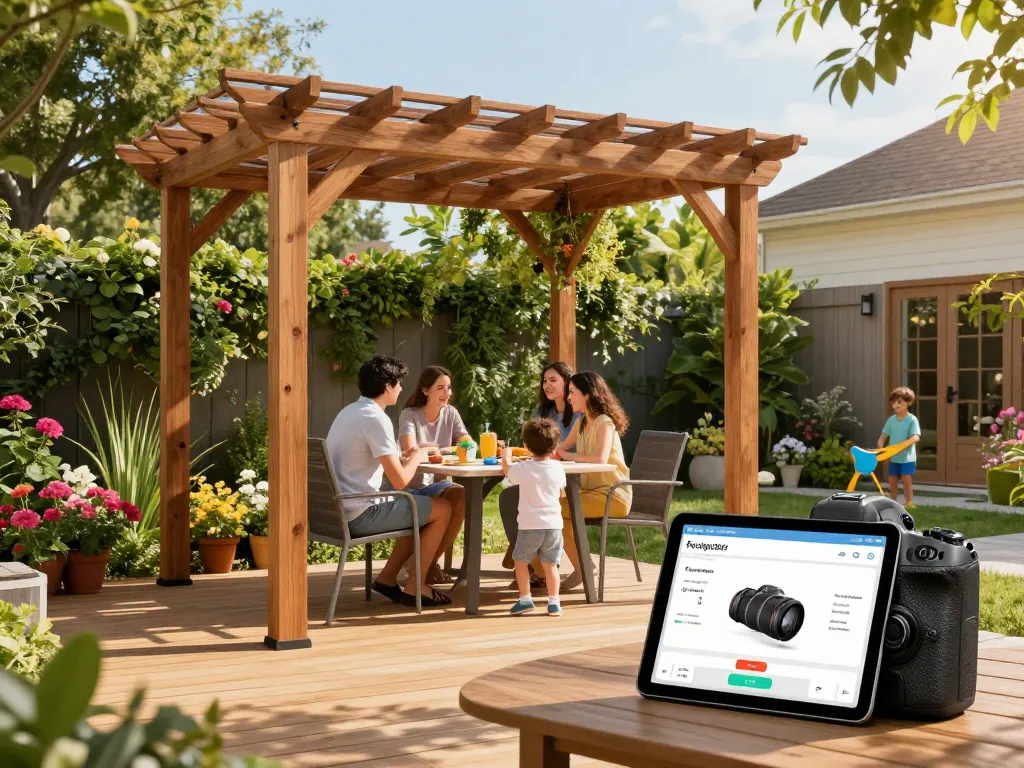 Pergola Konfigurator 3D Schnittstelle in einer lebhaften Gartenumgebung mit einer anpassbaren Pergola.