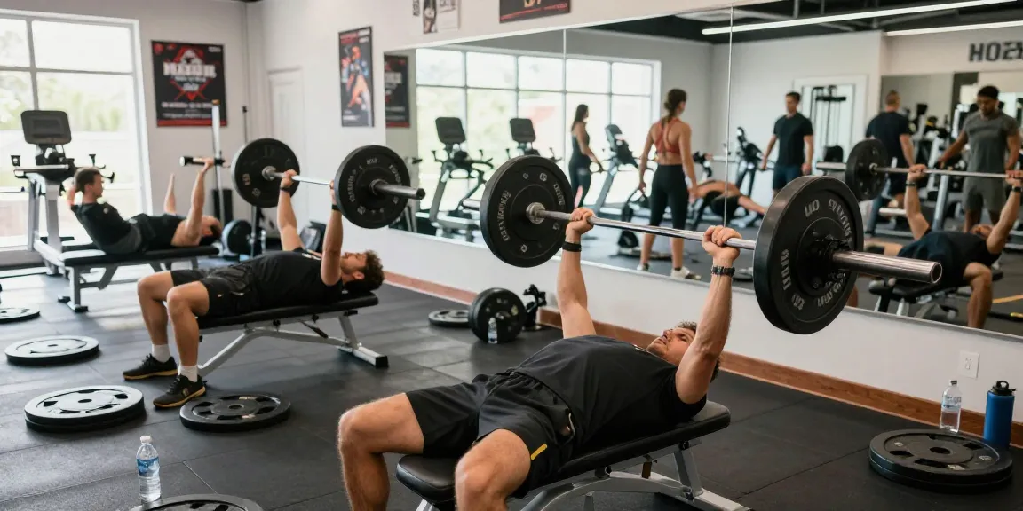 Aktive Bodybuilder im Anabolika Shop beim Training mit Gewichten, Fitness-Ambiente mit Wasserflaschen und Spiegel.