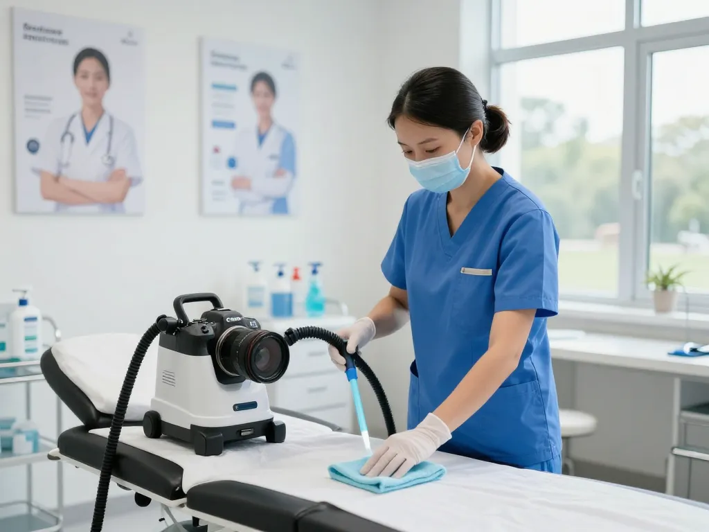 Hygienereinigung für Praxen in Münster, die einen professionellen Reiniger zeigt, der einen Behandlungsraum desinfiziert