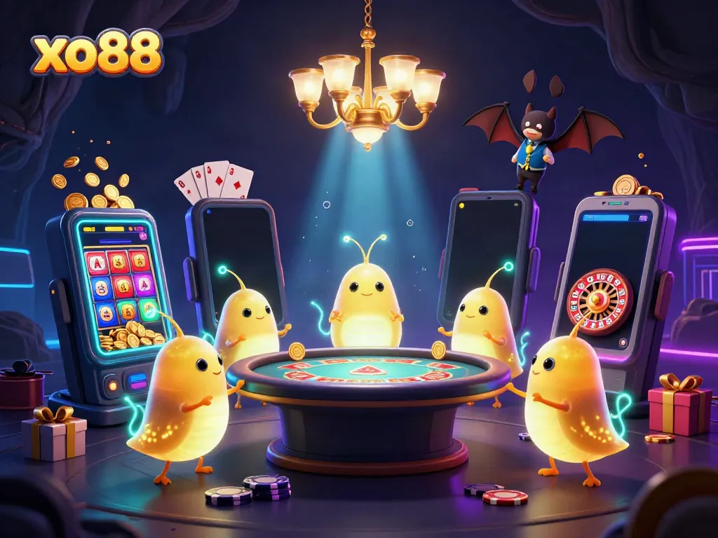 Experience the magic of xo88 with glowworms illuminating a vibrant casino scene full of excitement.