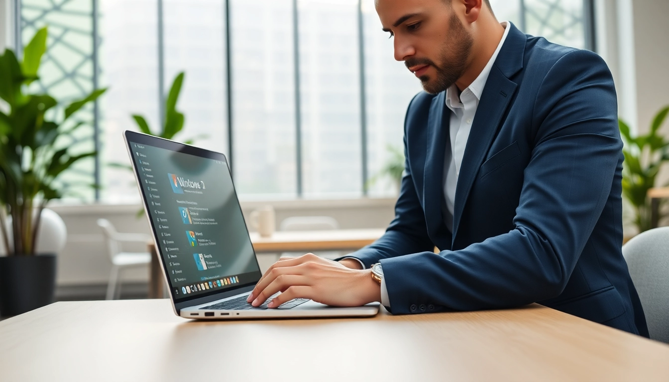 Verwenden Sie Windows 11 LTSC 2024 Business Edition auf einem modernen Laptop in einem stilvollen Büro.