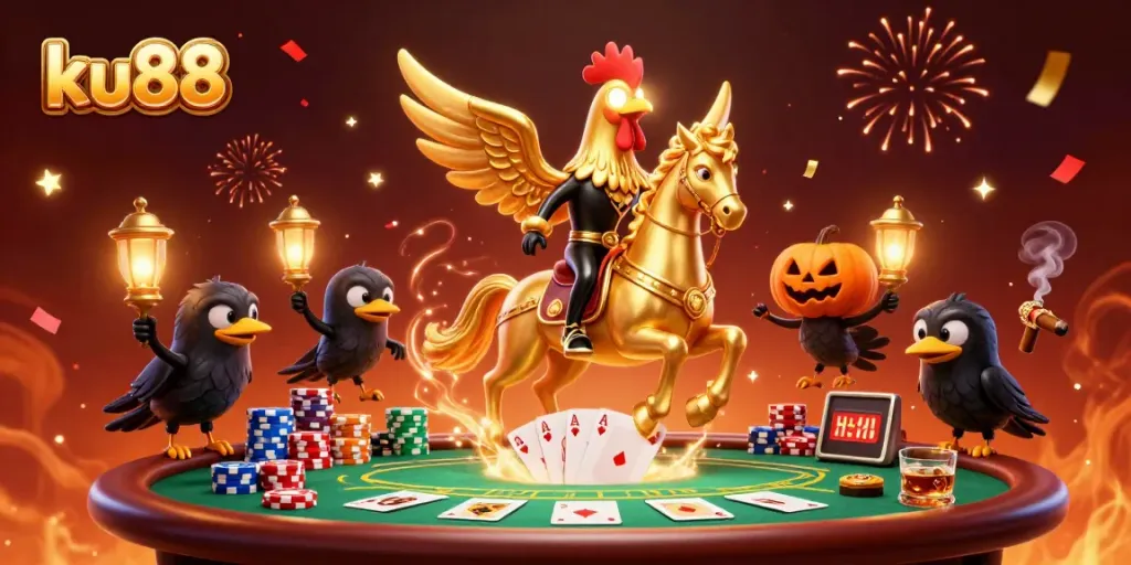 Experience the excitement of ku88 with a golden rooster champion in a vibrant casino!