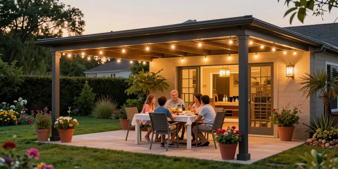 Freistehende Terrassenüberdachung in einem gemütlichen Garten während eines Abendessens mit einer Familie.