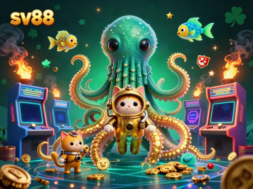 Engage in exciting gaming adventures with SV88's 3D illustration featuring a kraken and diving cat in a casino-themed scene.