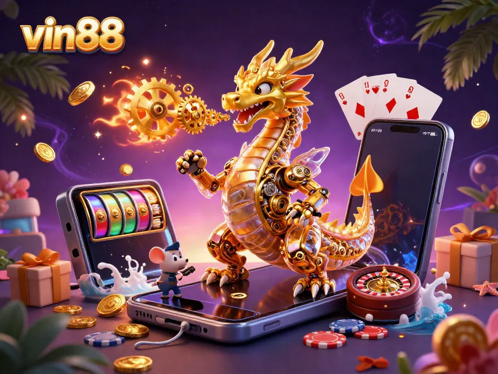 Experience the thrill of vin88 through immersive gaming with a golden dragon and vibrant casino elements.
