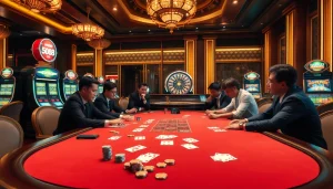 High-stakes poker action at a luxurious UU88 agency casino with vibrant gameplay and elaborate decor.