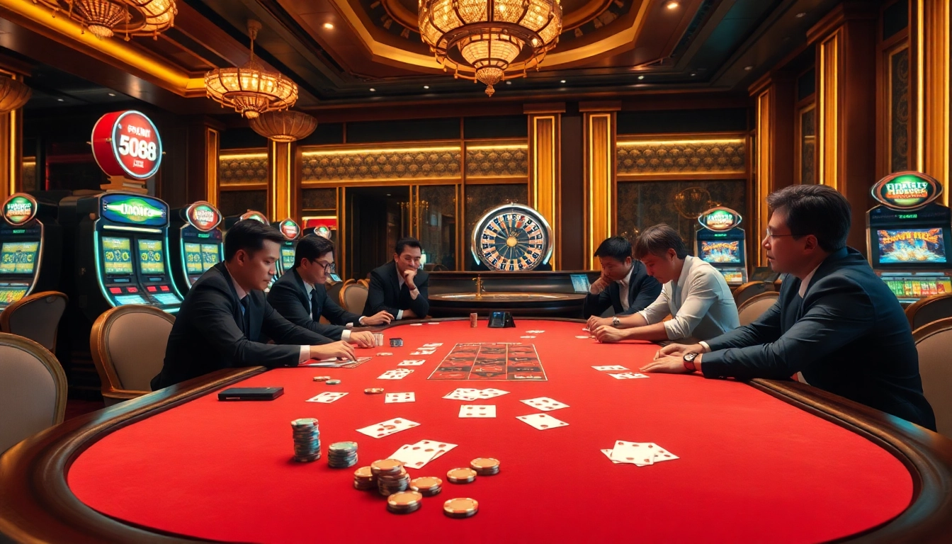 High-stakes poker action at a luxurious UU88 agency casino with vibrant gameplay and elaborate decor.