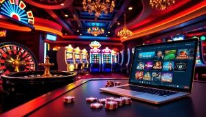 Experience the excitement of vswin with vibrant casino visuals featuring slot machines and poker chips.