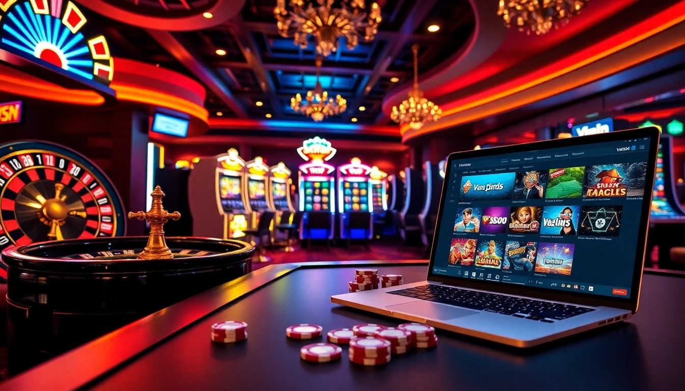 Experience the excitement of vswin with vibrant casino visuals featuring slot machines and poker chips.