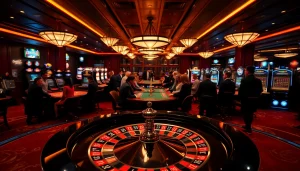 Interactive gaming scene showcasing home Jl55 casino excitement with roulette, poker chips, and players.