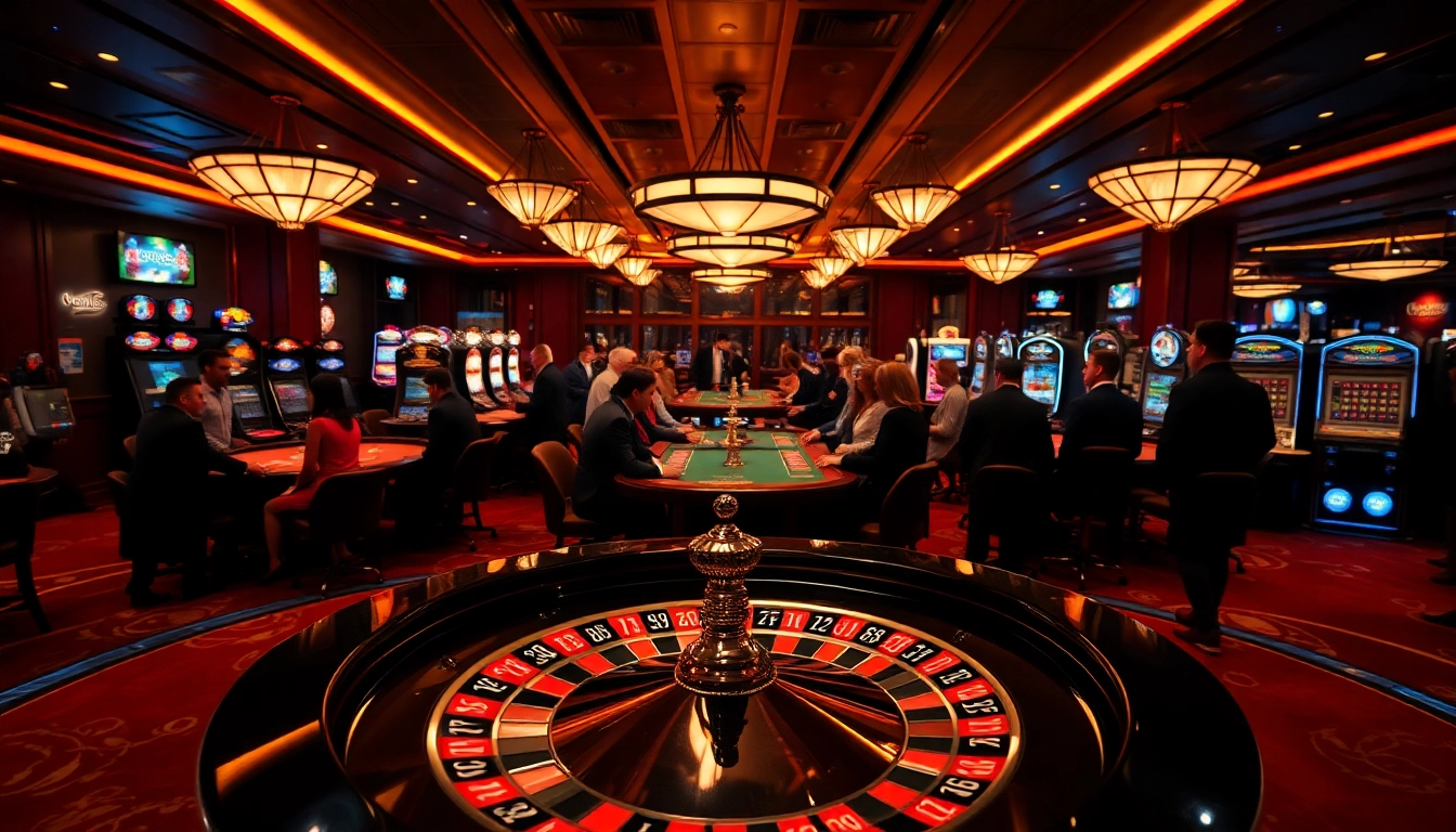 Interactive gaming scene showcasing home Jl55 casino excitement with roulette, poker chips, and players.