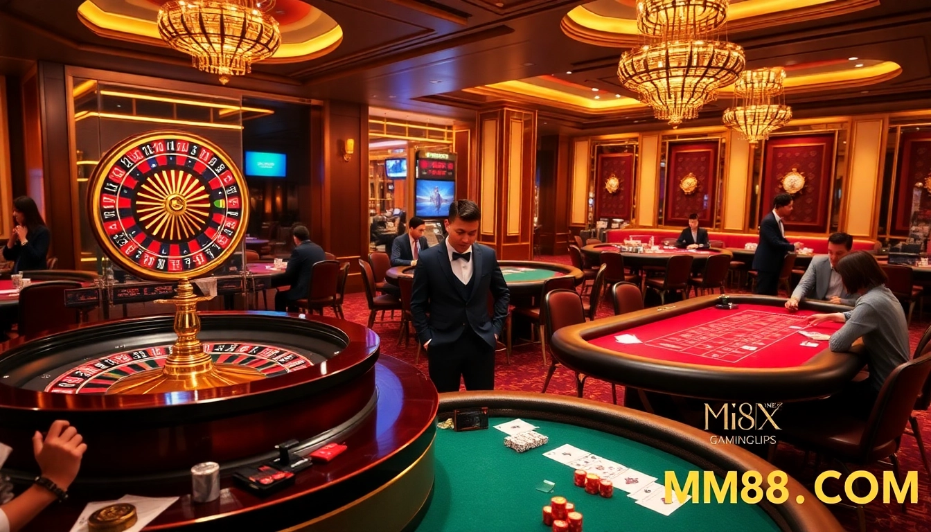 Experience the thrill of gaming at MM88.COM with vibrant casino tables and excited players.