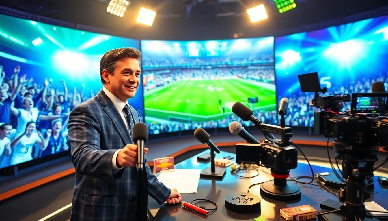 Engaging scene of sports broadcasting with an anchor presenting live updates on a dynamic set.