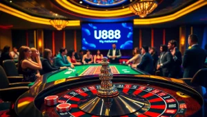 Experience thrilling poker action at U888 casino with vibrant chips and cards in an elegant setting.