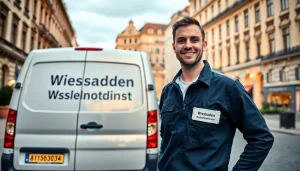 Schlüsselnotdienst Wiesbaden: Schlüsseldiensttechniker steht stolz neben seinem Servicewagen und hebt zuverlässigen Notdienst hervor.