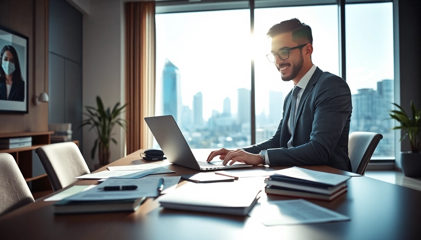 Headhunter IT arbeitet professionell in einem modernen Büro mit Laptop und Stadtblick.