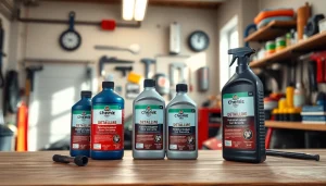 Koch Chemie Produkte auf einem Holzarbeitsplatz im Garage beleuchtet。