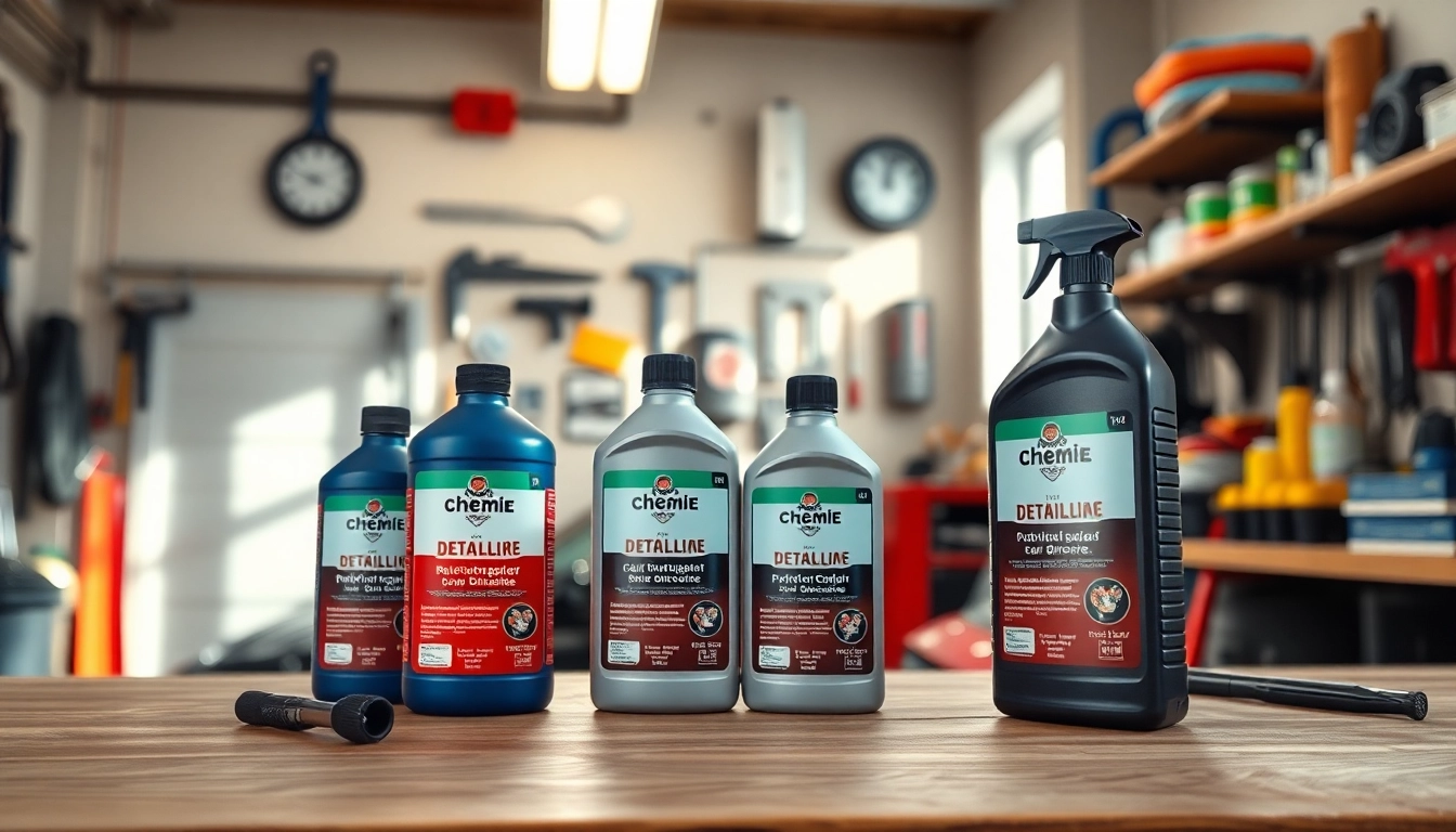 Koch Chemie Produkte auf einem Holzarbeitsplatz im Garage beleuchtet。