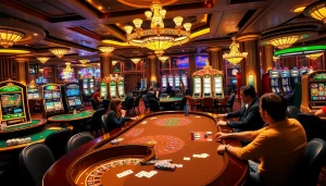 Experience the thrill of gambling with F88BET at a vibrant casino featuring poker tables and slot machines.