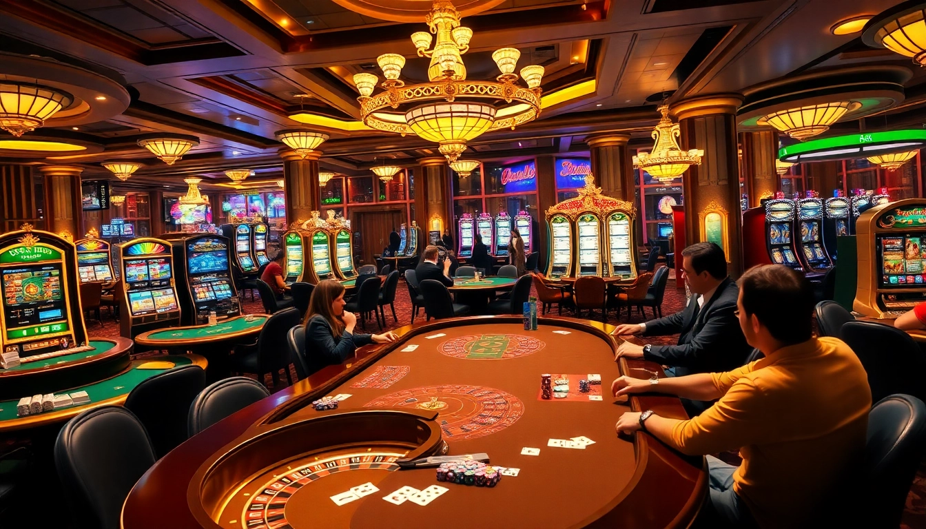 Experience the thrill of gambling with F88BET at a vibrant casino featuring poker tables and slot machines.